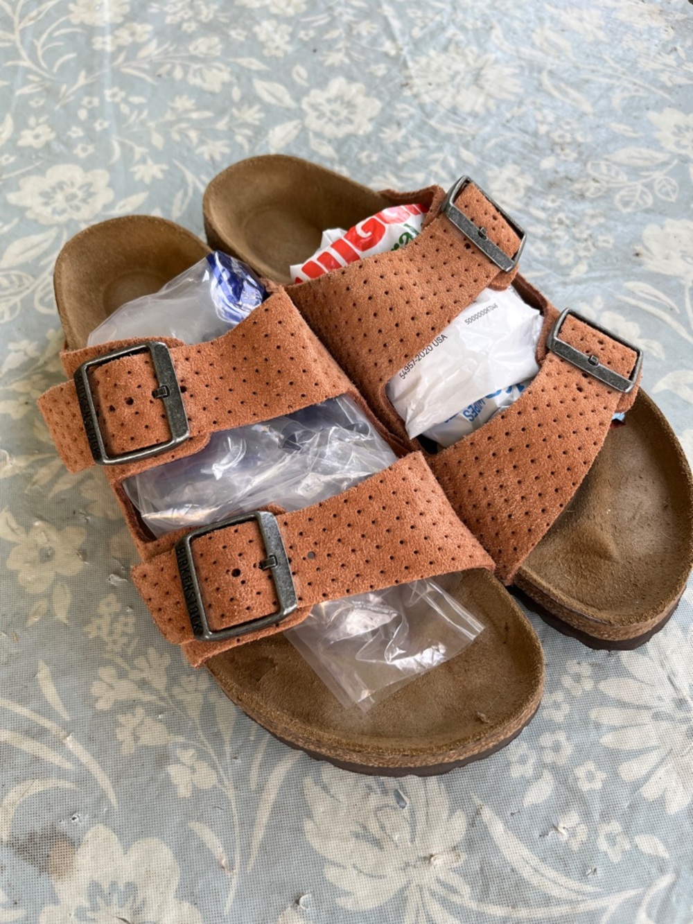 Birkenstock Arizona burnt orange suede embossed sandals